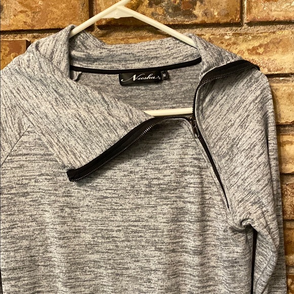 Gray Asymmetrical Neck Long Sleeve Sweater - Picture 3 of 8